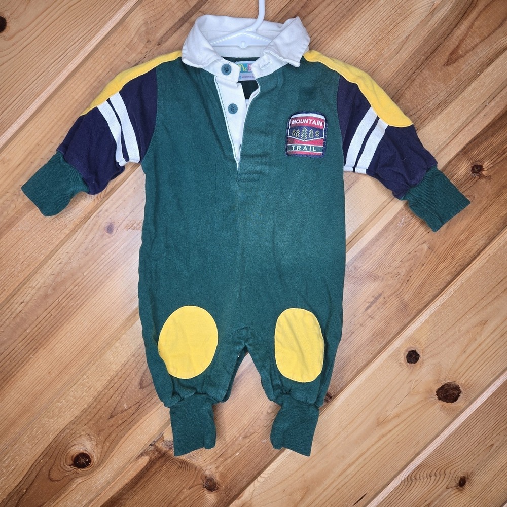 Vtg McBaby Boys Color‎ Block Jumpsuit 3-6 Months Knee Patches Collar